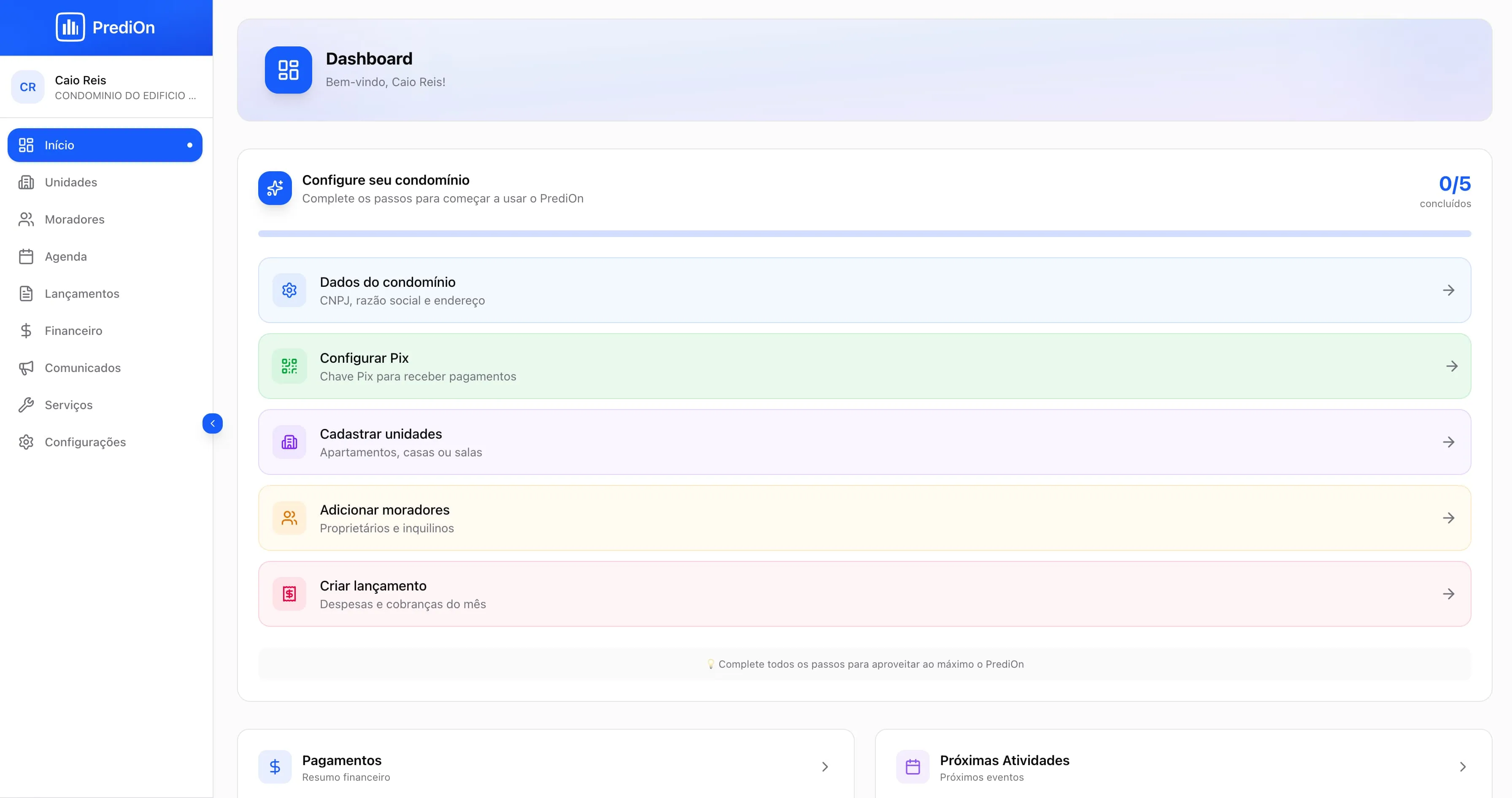 Painel do PrediOn com visão geral da gestão do condomínio